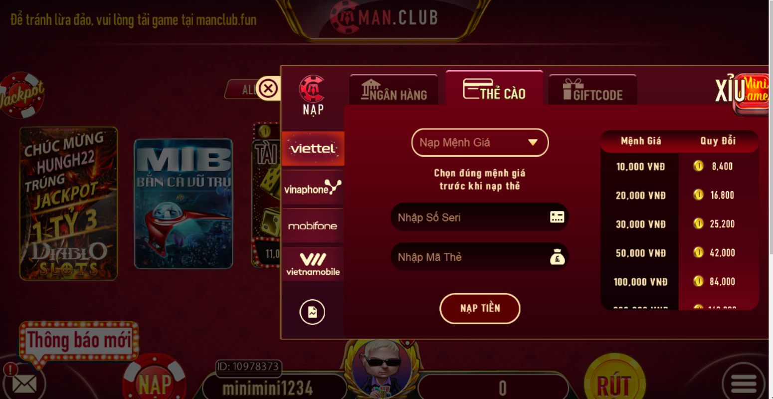 Nạp thẻ cào man club