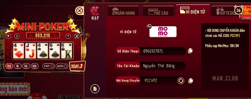 Các bước nạp và rút tiền khi chơi Mini poker Man Club